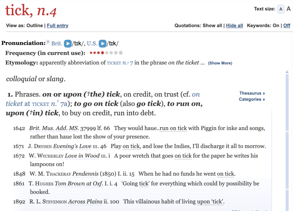 Definition of the word 'tick' from the Oxford English Dictionary, in the meaning that relates to debt