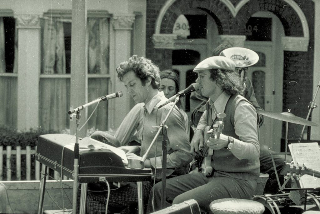 Musicians Cornelius Cardew and Laurie Scott Baker in PLM supporting the Grunwick march on 1 July 1977.